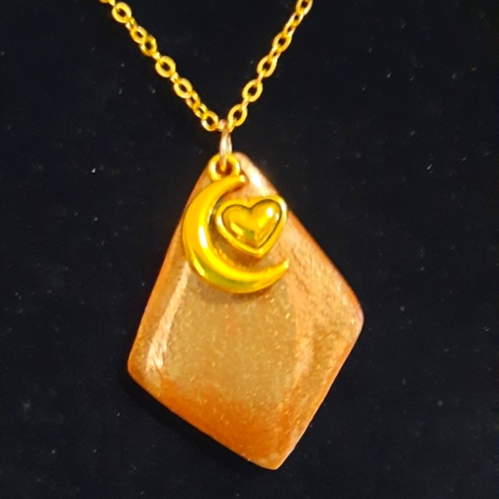Stained Glass Gold Diamond Shape Necklace with Moon & Heart Charm